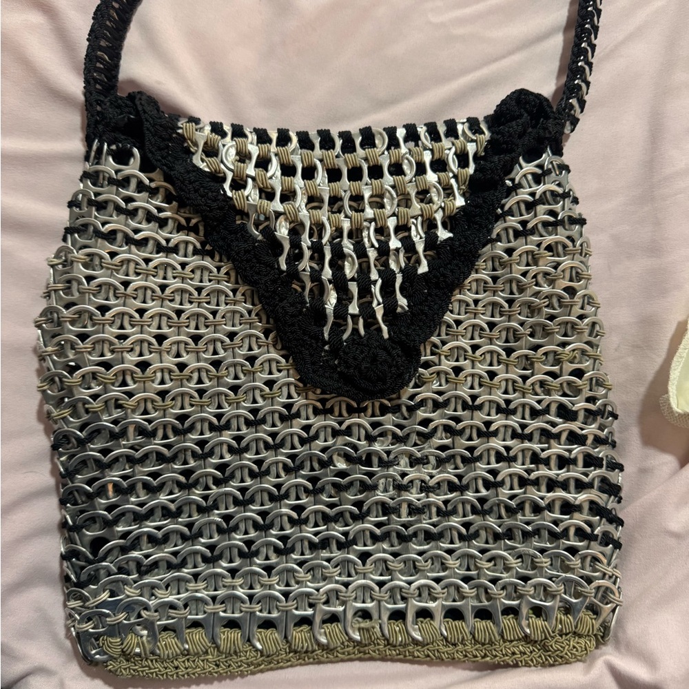 Recycled Pop Tab Shoulder Bag in Silver and Black